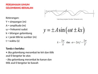 PERSAMAAN UMUM
GELOMBANG BERJALAN
Keterangan:
Y = simpangan (m)
A = amplitudo (m)
ω = frekuensi sudut
k = bilangan gelombang
x = jarak titik ke sumber (m)
t = waktu (s)
Tanda ± berlaku:
+ Jika gelombang merambat ke kiri dan titik
asal 0 bergetar ke atas
- Jika gelombang merambat ke kanan dan
titik asal 0 bergetar ke bawah
 