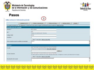 Pasos
1. Seleccionar el canal donde se encuentre el ítem a editar.
2. Ingresar al enlace que contempla el título ítem a modificar.
selección.
3. Editar la información en los campos que desee del formulario.
1
2
3
 