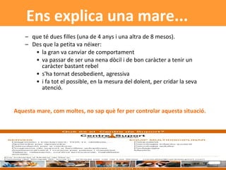 que té dues filles (una de 4 anys i una altra de 8 mesos).  Des que la petita va néixer: la gran va canviar de comportament va passar de ser una nena dòcil i de bon caràcter a tenir un caràcter bastant rebel s'ha tornat desobedient, agressiva i fa tot el possible, en la mesura del dolent, per cridar la seva atenció.  Aquesta mare, com moltes, no sap què fer per controlar aquesta situació.  Ens explica una mare... 