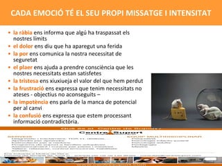 la ràbia  ens informa que algú ha traspassat els nostres límits el dolor  ens diu que ha aparegut una ferida la por  ens comunica la nostra necessitat de seguretat el plaer  ens ajuda a prendre consciència que les nostres necessitats estan satisfetes la tristesa  ens xiuxiueja el valor del que hem perdut la frustració  ens expressa que tenim necessitats no ateses - objectius no aconseguits – la impotència  ens parla de la manca de potencial per al canvi la confusió  ens expressa que estem processant informació contradictòria.  CADA EMOCIÓ TÉ EL SEU PROPI MISSATGE I INTENSITAT 