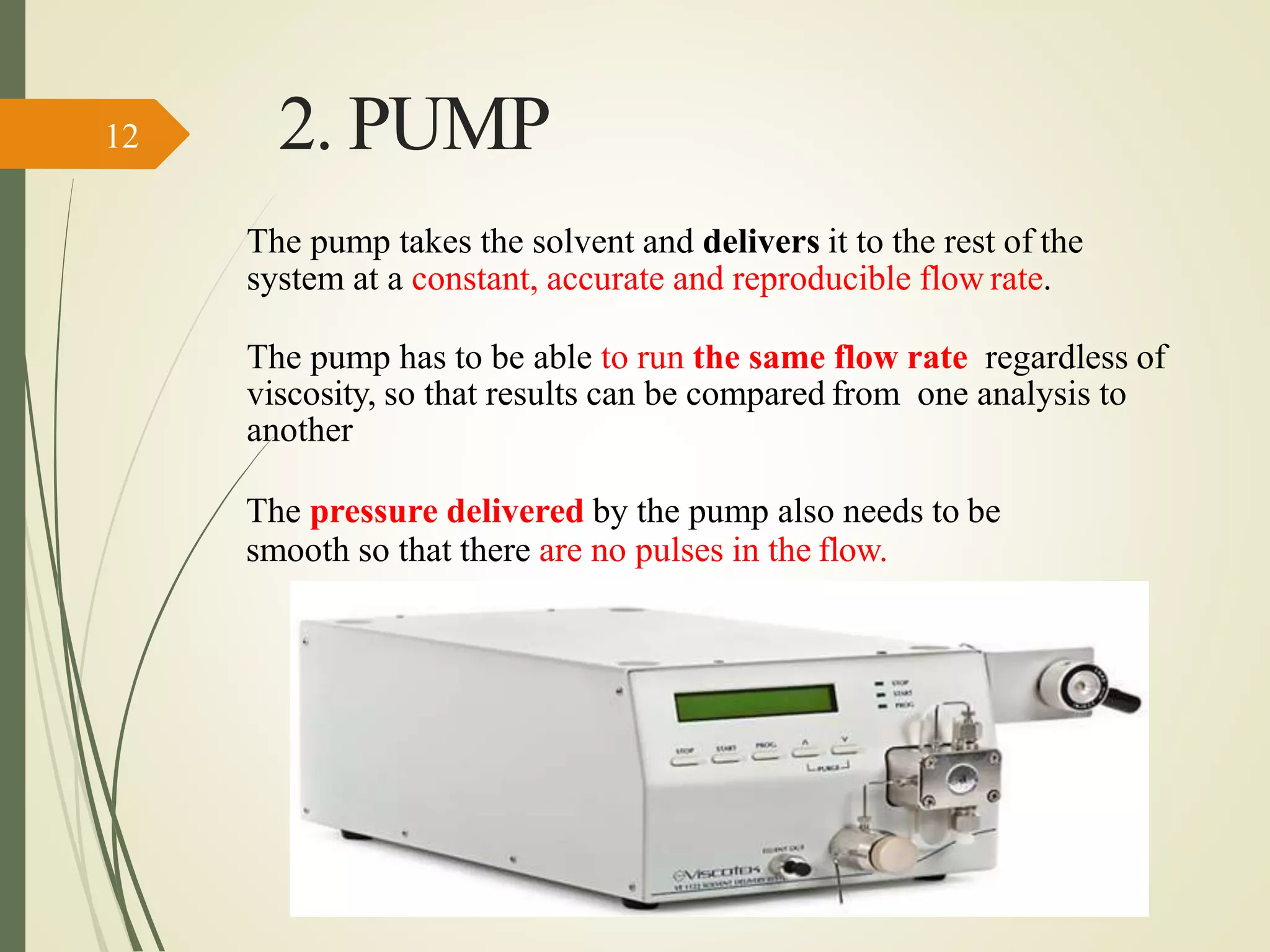 2. PUMP
The pump takes the solvent and delivers it to the rest of the
system at a constant, accurate and reproducible flow rate.
The pump has to be able to run the same flow rate regardless of
viscosity, so that results can be compared from one analysis to
another
The pressure delivered by the pump also needs to be
smooth so that there are no pulses in the flow.
12
 
