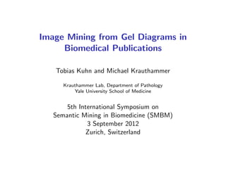 Image Mining from Gel Diagrams in
Biomedical Publications
Tobias Kuhn and Michael Krauthammer
Krauthammer Lab, Department of Pathology
Yale University School of Medicine
5th International Symposium on
Semantic Mining in Biomedicine (SMBM)
3 September 2012
Zurich, Switzerland
 