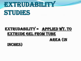 Extrudability
Studies
Extrudability = Applied wt. to
extrude gel from tube
Area (in
inches)
 