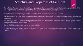 29
Structure and Properties of Gel Fibre
The gel-spun fibres are characterized by a high degree of chain extension, parallel orientation greater than 95%
and a high level of crystallinity (up to 85%). This gives the fibres their unique properties.
These fibres are commercially available under the trade name of Dyneema and Spectra.
The performance of these fibres on weight basis is extremely high owing to the low density and good mechanical
properties.
The tenacity is 10 to 15 times that of good quality steel and the modulus is second only to that of special carbon
fibre grades and high modulus PBO.
Due to the high tenacity, the energy to break is high.
An estimate of crystal modulus of PE is 300 GPa. The HPPE fibre, such as Spectra1000, has the tensile modulus of
175 GPa.
 