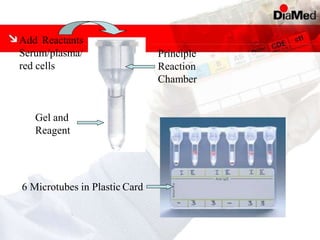 Add Reactants
Serum/plasma/
red cells
Principle
Reaction
Chamber
Gel and
Reagent
6 Microtubes in Plastic Card
 