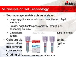 Principle of Gel Technology
• Sephadex gel matrix acts as a sieve.
• Large aggutinates remain on or near the top of gel
interface.
• Smaller agglutinates pass partway through gel ,
depending on size.
• Unagglutinated cells pass to base of microtube to form a
button.
• Cells are always added prior to serum so that
serum does not come into contact with gel –
this eliminates the ‘WASH PHASE’ as in
conventional technique.
• Grading of reaction depending on the
 