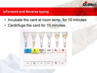 Forward and Reverse typing
• Incubate the card at room temp. for 10 minutes
• Centrifuge the card for 10 minutes.
 