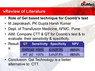 Review of Literature
• Role of Gel based technique for Coomb’s test
• M Jaiprakash, PK Gupta Harsh Kumar
• Dept. of Transfusion Medicine, AFMC, Pune
• AIM: Compare CTT & GT for Coomb’s test & to
evaluate their sensitivity & specificity.
• Result
s:
POSITIVITY CTT GTT
GT Sensitivity Specificity NPV
DATDAT 100% 6.1%97.3% 8
1
.
6
0
%
0
%
IAT IAT 100% 5.4%97.6% 6
1
.
6
0
%
0
%
• Conclusion: Gel Technology is a better
alternative to CTT.
 
