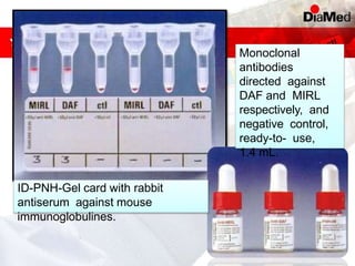 ID-PNH-Gel card with rabbit
antiserum against mouse
immunoglobulines.
Monoclonal
antibodies
directed against
DAF and MIRL
respectively, and
negative control,
ready-to- use,
1.4 mL.
 
