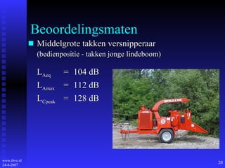 Beoordelingsmaten Middelgrote takken versnipperaar (bedienpositie - takken jonge lindeboom) L Aeq = 104 dB L Amax = 112 dB L Cpeak = 128 dB 