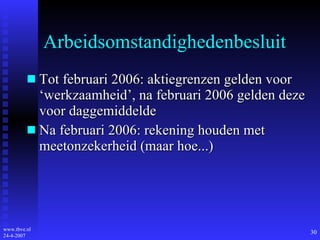 Arbeidsomstandighedenbesluit Tot februari 2006: aktiegrenzen gelden voor ‘werkzaamheid’, na februari 2006 gelden deze voor daggemiddelde Na februari 2006: rekening houden met meetonzekerheid (maar hoe...) 
