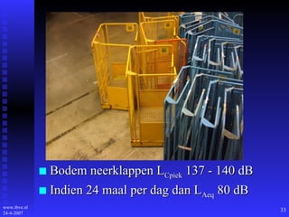Bodem neerklappen L Cpiek  137 - 140 dB Indien 24 maal per dag dan L Aeq  80 dB 
