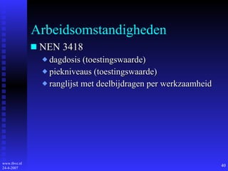 Arbeidsomstandigheden NEN 3418 dagdosis (toestingswaarde) piekniveaus (toestingswaarde) ranglijst met deelbijdragen per werkzaamheid 