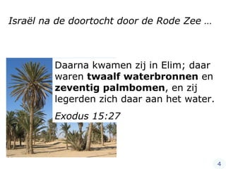 Daarna kwamen zij in Elim; daar waren  twaalf waterbronnen  en  zeventig palmbomen , en zij legerden zich daar aan het water. Exodus 15:27 Israël na de doortocht door de Rode Zee … 4 