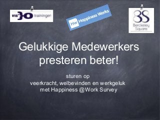 Gelukkige Medewerkers
presteren beter!
sturen op
veerkracht, welbevinden en werkgeluk
met Happiness @Work Survey
 