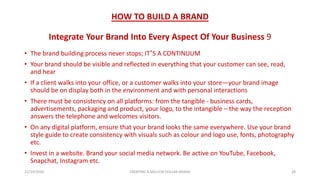 HOW TO BUILD A BRAND
Integrate Your Brand Into Every Aspect Of Your Business 9
• The brand building process never stops; IT’S A CONTINUUM
• Your brand should be visible and reflected in everything that your customer can see, read,
and hear
• If a client walks into your office, or a customer walks into your store—your brand image
should be on display both in the environment and with personal interactions
• There must be consistency on all platforms: from the tangible - business cards,
advertisements, packaging and product, your logo, to the intangible – the way the reception
answers the telephone and welcomes visitors.
• On any digital platform, ensure that your brand looks the same everywhere. Use your brand
style guide to create consistency with visuals such as colour and logo use, fonts, photography
etc.
• Invest in a website. Brand your social media network. Be active on YouTube, Facebook,
Snapchat, Instagram etc.
21/10/2020 CREATING A MILLION DOLLAR BRAND 28
 