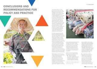 33
► CONCLUSION
GEM 2015/16 Global Report32 GEM 2015/16 Global Report
CONCLUSIONS AND
RECOMMENDATIONS FOR
POLICY AND PRACTICE
The long-term effects of the US
financial crisis and the continuing
global downturn continues to be felt
worldwide. The world faces many
challenges, such as climate change,
persistent jobless growth and an
increasing dependence on technology
in today’s business and economic
environment. Unemployment and
underemployment have become key
concerns to both developed and
developing economies. These are
especially prevalent among youth,
who constitute a major portion of the
population in developing economies,
yet are also needed in developed
economies to support an aging
population. While the changing world
environment presents challenges
of differing nature and magnitude,
it also creates opportunities for
entrepreneurs–problems they can
address with valued solutions.
This report illustrates the diverse
profile of entrepreneurship around
the world, revealing gaps that can be
addressed through policy and practice.
Based on the findings uncovered,
it is possible to make some broad,
globally relevant recommendations.
Implementation, of course, requires
attention to a particular context, which
includes the development profile,
national culture and political design
of a specific economy. In addition,
entrepreneurship ecosystems differ
greatly across development levels.
The availability of funding and
entrepreneurship education, the
regulatory environment and access to
markets are just some of the conditions
that play a critical role in influencing
the level and type of entrepreneurship.
GEM findings can contribute to the
design of national policy interventions
as well as enable assessment
of progress toward objectives.
These objectives include the six
entrepreneurship policy priorities
identified by the United Nations
Conference on Trade and Development
(UNCTAD), which are: formulating
national entrepreneurship strategy,
optimizing the regulatory environment,
enhancing entrepreneurship education
and skills, facilitating technology
exchange and innovation, improving
access to finance, and promoting
awareness and networking.1
Policy
interventions should consider such
priorities in providing efficient and
coordinated activities that constitute
more supportive entrepreneurship
ecosystems.
Below are some recommendations
that can serve as a basis for further
consideration and discussion:
►► Reform the regulatory
environment to make it easy for new
businesses to register and operate
by cutting costs and reducing the
amount of regulations, as has been
1 Entrepreneurship Policy Framework and
Implementation Guidance, UNCTAD, New
York and Geneva, 2012.
done successfully in Chile and the
United Kingdom. Ensure that policies,
legislation and by-laws are subjected
to regulatory impact assessment
before being passed, similar to what
the European Union defined as a
THINK SMALL FIRST principle. Develop
tax laws to encourage angel investors
and venture capitalists to invest in
new start-ups, similar to what has
been done recently in Israel.
►► Develop the innovation
capabilities of factor-driven and
efficiency-driven economies.
This may include advancing an
economy’s human resources,
government or private research
laboratories, and partnerships
between multinationals and
universities. Equally important
are practices and mechanisms for
commercializing solutions based
 