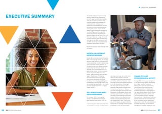 07
► EXECUTIVE SUMMARY
GEM 2015/16 Global Report06 GEM 2015/16 Global Report
EXECUTIVE SUMMARY The 2015 Global Entrepreneurship
Monitor (GEM) survey represents
the 17th year that GEM has tracked
rates of entrepreneurship across
multiple phases and assessed the
characteristics, motivations and
ambitions of entrepreneurs, and the
attitudes societies have toward this
activity. This report covers results
based on 601
economies completing
the Adult Population Survey (APS)
and 62 economies completing the
National Expert Survey (NES). Part 2 of
this report features a page of results
on each economy, with numbers and
rankings on key GEM indicators from
the APS, as well as an assessment of
ecosystem factors from the NES.
Below are selected major findings from
the report.
SOCIETAL VALUES ABOUT
ENTREPRENEURSHIP
Across 60 economies around the world,
68% of working-age adults, on average,
perceive high status for entrepreneurs
in their societies, and 61% believe they
receive positive media attention. In
the factor-driven and efficiency-driven
economies, two-thirds of adults, on
average, think entrepreneurship is a
good career choice. In the innovation-
driven economies, 53% have this
belief. Three countries from the Asia
region (Kazakhstan, Philippines
and Indonesia) exhibit high levels
on all three indicators, with three-
fourths or more of people stating that
entrepreneurs receive high status and
are represented positively in the media,
and that entrepreneurship is a good
career choice.
SELF-PERCEPTIONS ABOUT
ENTREPRENEURSHIP
On average, 42% of working-age
adults in the GEM economies see
good opportunities around them for
1 Survey data from Japan and Turkey were
not completed in time for the global report.
starting a business, but a little more
than one-third of them would be
constrained from starting a business
due to fear of failure. However, more
than half of the working-age population
in the 60 economies, on average,
feel they have the ability to start a
business. High levels on these three
indicators can be seen in African
countries (Senegal, Burkina Faso and
Botswana) and Barbados, where over
half see opportunities, with less than
one-fifth of them feeling constrained
by fear of failure, and close to three-
fourths or more believing they have
the capabilities to start. Twenty-one
percent of people surveyed in the 60
economies, on average, intend to start
a business in the next three years.
PHASES/TYPES OF
ENTREPRENEURIAL ACTIVITY
Average TEA rates tend to be highest
in the factor-driven group, decreasing
with higher levels of economic
development (21% for factor-driven,
15% for efficiency-driven and 8%
for innovation-driven). Established
business ownership is also highest in
the factor-driven group (13% for factor-
driven, 8% for efficiency-driven and
7% for innovation-driven), although
the proportion of established business
owners relative to TEA is smaller than
in the innovation-driven economies.
High rates of both TEA and established
business ownership are exhibited in
Senegal and Ecuador, where over one-
 