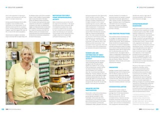 08 09
► EXECUTIVE SUMMARY► EXECUTIVE SUMMARY
GEM 2015/16 Global Report GEM 2015/16 Global Report
third of the population is starting or
running a new business and over one-
sixth is running a mature one.
Entrepreneurial Employee Activity (EEA)
is highest in the innovation-driven
economies (1% for factor-driven, 2% for
efficiency-driven and 5% for innovation-
driven). Norway, Australia and the United
Kingdom report the highest EEA rates, at
8% or more of their adult populations.
Discontinuance is highest in the factor-
driven economies (8% for factor-driven, 5%
for efficiency-driven and 3% for innovation-
driven). A lack of profits or finance explain
half or more of the exits in the factor-
driven and efficiency-driven economies.
The innovation-driven group shows equal
proportions of exits due to unprofitability
compared to the other two development
stages, but these economies are less than
half as likely to name financial problems
as a reason for business exits. Both the
efficiency-driven and innovation-driven
economies show four times the proportion
of exits due to bureaucracy compared to
the factor-driven group.
Among entrepreneurs with opportunity-
driven motives, a portion of these
seek to improve their situation, either
through increased independence or
through increased income (versus
maintaining their income). GEM calls
these improvement-driven opportunity
(IDO) entrepreneurs. To assess the
relative prevalence of improvement-
driven opportunity entrepreneurs
versus those motivated by necessity,
GEM has created the Motivational
Index. This index reveals that there
are one and a half times as many IDO
entrepreneurs as necessity-driven
ones, on average, in the factor-driven
economies, and twice as many in the
efficiency-driven economies. In the
innovation-driven economies, there are
3.4 times as many IDO entrepreneurs
as necessity-motivated entrepreneurs.
GENDER AND AGE
DISTRIBUTION OF EARLY-
STAGE ENTREPRENEURIAL
ACTIVITY
Among development levels, the factor-
driven economies have the highest
average female TEA rates and the
highest rate relative to men. Among
those entrepreneurs, however, women
are nearly one-third more likely to
start businesses out of necessity
than men. In six economies (Vietnam,
Philippines, Thailand, Malaysia, Peru and
Indonesia), women show equal or higher
entrepreneurship rates than men. The
overall age pattern for entrepreneurship
shows the highest participation rates
among the 25–34 and 35–44 year olds,
people in their early and mid-careers.
INDUSTRY SECTOR
PARTICIPATION
Nearly half or more of the entrepreneurs
in the factor- and efficiency-driven
groups operate wholesale or retail
businesses, while nearly half of the
entrepreneurs in the innovation-driven
group started businesses in information
and communications, and financial,
professional, health, education and other
MOTIVATION FOR EARLY-
STAGE ENTREPRENEURIAL
ACTIVITY
Most entrepreneurs around the world
are opportunity-motivated. In the factor-
and efficiency-driven economies, 69%
of entrepreneurs stated they chose
to pursue an opportunity as a basis
for their entrepreneurial motivations,
rather than starting out of necessity.
The innovation-driven economies show
a higher proportion of opportunity-
motivated entrepreneurs, at 78%.
services industries. An emphasis on
particular sectors can be seen in several
economies: for example, agriculture in
India, mining in Tunisia, manufacturing in
Egypt, wholesale/retail in the Philippines,
information and communications
technology in Sweden and Belgium,
finance in Slovakia, and professional
services in Norway.
JOB CREATION PROJECTIONS
The innovation-driven economies have,
on average, the highest proportion of
prospective non-hiring entrepreneurs
(40% for factor-driven, 39% for efficiency-
driven and 45% for innovation-driven).
The frequency of medium-to-high growth
oriented entrepreneurs (expect to employ
six or more) is similar across all economic
development levels (18% for factor-driven,
21% for efficiency-driven and 20% for
innovation-driven). The highest rates of
medium-to-high growth entrepreneurs can
be found in economies in Latin America
and the Caribbean (Colombia and Chile),
Asia and Oceania (Taiwan, China and
Kazahkstan), Africa (Tunisia) and Europe
(Romania and Ireland).
INNOVATION
Average innovation levels increase with
development level (21% for factor-driven,
24% for efficiency-driven and 31% for
innovation-driven). Within the individual
economies, the highest levels can be seen
in Chile and India, where over half of the
entrepreneurs in these economies state
they have innovative products or services.
INTERNATIONALIZATION
The innovation-driven phase of
development reveals the highest
average level of internationalization
(6% for factor-driven, 13% for
efficiency-driven and 20% for
innovation-driven). Panama and four
European economies (Luxembourg,
Switzerland, Croatia and Slovenia) each
contain over one-third of entrepreneurs
with substantial international sales.
Canada also shows a high rate of
internationalization, which boosts
North America’s average.
ENTREPRENEURSHIP
ECOSYSTEM
GEM teams assess the quality of their
entrepreneurship ecosystems2
through
a national expert survey (NES). Overall,
physical infrastructure, commercial
and legal infrastructure, and social and
cultural norms received the highest
ratings. Conditions scoring lowest were
entrepreneurship education in primary
and secondary school, internal market
entry regulations and burdens, and
access to finance. Among the economic
development levels, innovation-driven
economies generally score higher on
these conditions, while the factor-
driven economies tend to struggle
with obstacles in their respective
entrepreneurship ecosystems.
Across the geographic regions, the
entrepreneurship ecosystem is the
most developed in North American
economies and the least developed in
the African economies.
The aim of this report is to inform
academics, educators, policy
makers and practitioners about
the multidimensional nature of
entrepreneurship around the world.
Improvements and stability in GEM
measures from year to year can
demonstrate the value of long-term
commitments by policy makers and
public and private stakeholders in
effecting changes and providing needed
resources for building more supportive
entrepreneurship ecosystems. It is
GEM’s goal to advance knowledge about
entrepreneurship and guide decisions
that can lead to the conditions that
allow entrepreneurship to thrive.
2 Entrepreneurial finance, government
policies and programs relevant to
entrepreneurship, entrepreneurship
education, R&D transfer, commercial
and legal infrastructure, internal market
openness and dynamics, physical
infrastructure, and cultural and social norms.
 