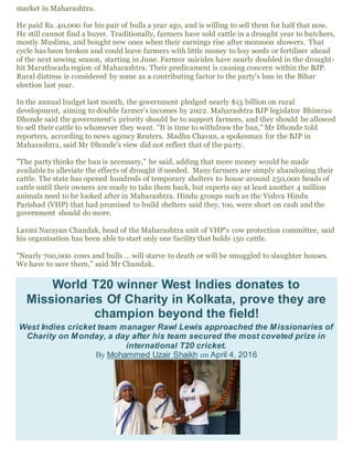 market in Maharashtra.
He paid Rs. 40,000 for his pair of bulls a year ago, and is willing to sell them for half that now.
He still cannot find a buyer. Traditionally, farmers have sold cattle in a drought year to butchers,
mostly Muslims, and bought new ones when their earnings rise after monsoon showers. That
cycle has been broken and could leave farmers with little money to buy seeds or fertiliser ahead
of the next sowing season, starting in June. Farmer suicides have nearly doubled in the drought-
hit Marathwada region of Maharashtra. Their predicament is causing concern within the BJP.
Rural distress is considered by some as a contributing factor to the party's loss in the Bihar
election last year.
In the annual budget last month, the government pledged nearly $13 billion on rural
development, aiming to double farmer's incomes by 2022. Maharashtra BJP legislator Bhimrao
Dhonde said the government's priority should be to support farmers, and they should be allowed
to sell their cattle to whomever they want. "It is time to withdraw the ban," Mr Dhonde told
reporters, according to news agency Reuters. Madhu Chavan, a spokesman for the BJP in
Maharashtra, said Mr Dhonde's view did not reflect that of the party.
"The party thinks the ban is necessary," he said, adding that more money would be made
available to alleviate the effects of drought if needed. Many farmers are simply abandoning their
cattle. The state has opened hundreds of temporary shelters to house around 250,000 heads of
cattle until their owners are ready to take them back, but experts say at least another 4 million
animals need to be looked after in Maharashtra. Hindu groups such as the Vishva Hindu
Parishad (VHP) that had promised to build shelters said they, too, were short on cash and the
government should do more.
Laxmi Narayan Chandak, head of the Maharashtra unit of VHP's cow protection committee, said
his organisation has been able to start only one facility that holds 150 cattle.
"Nearly 700,000 cows and bulls ... will starve to death or will be smuggled to slaughter houses.
We have to save them," said Mr Chandak.
World T20 winner West Indies donates to
Missionaries Of Charity in Kolkata, prove they are
champion beyond the field!
West Indies cricket team manager Rawl Lewis approached the Missionaries of
Charity on Monday, a day after his team secured the most coveted prize in
international T20 cricket.
By Mohammed Uzair Shaikh on April 4, 2016
 