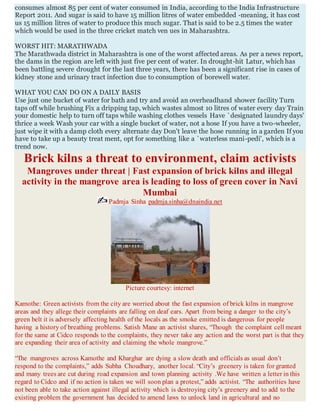 consumes almost 85 per cent of water consumed in India, according to the India Infrastructure
Report 2011. And sugar is said to have 15 million litres of water embedded -meaning, it has cost
us 15 million litres of water to produce this much sugar. That is said to be 2.5 times the water
which would be used in the three cricket match ven ues in Maharashtra.
WORST HIT: MARATHWADA
The Marathwada district in Maharashtra is one of the worst affected areas. As per a news report,
the dams in the region are left with just five per cent of water. In drought-hit Latur, which has
been battling severe drought for the last three years, there has been a significant rise in cases of
kidney stone and urinary tract infection due to consumption of borewell water.
WHAT YOU CAN DO ON A DAILY BASIS
Use just one bucket of water for bath and try and avoid an overheadhand shower facility Turn
taps off while brushing Fix a dripping tap, which wastes almost 10 litres of water every day Train
your domestic help to turn off taps while washing clothes vessels Have `designated laundry days'
thrice a week Wash your car with a single bucket of water, not a hose If you have a two-wheeler,
just wipe it with a damp cloth every alternate day Don't leave the hose running in a garden If you
have to take up a beauty treat ment, opt for something like a `waterless mani-pedi', which is a
trend now.
Brick kilns a threat to environment, claim activists
Mangroves under threat | Fast expansion of brick kilns and illegal
activity in the mangrove area is leading to loss of green cover in Navi
Mumbai
Padmja Sinha padmja.sinha@dnaindia.net
Picture courtesy: internet
Kamothe: Green activists from the city are worried about the fast expansion of brick kilns in mangrove
areas and they allege their complaints are falling on deaf ears. Apart from being a danger to the city’s
green belt it is adversely affecting health of the locals as the smoke emitted is dangerous for people
having a history of breathing problems. Satish Mane an activist shares, “Though the complaint cell meant
for the same at Cidco responds to the complaints, they never take any action and the worst part is that they
are expanding their area of activity and claiming the whole mangrove.”
“The mangroves across Kamothe and Kharghar are dying a slow death and officials as usual don’t
respond to the complaints,” adds Subha Choudhary, another local. “City’s greenery is taken for granted
and many trees are cut during road expansion and town planning activity .We have written a letter in this
regard to Cidco and if no action is taken we will soon plan a protest,” adds activist. “The authorities have
not been able to take action against illegal activity which is destroying city’s greenery and to add to the
existing problem the government has decided to amend laws to unlock land in agricultural and no
 