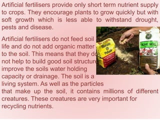 Artificial fertilisers provide only short term nutrient supply
to crops. They encourage plants to grow quickly but with
soft growth which is less able to withstand drought,
pests and disease.
Artificial fertilisers do not feed soil
life and do not add organic matter
to the soil. This means that they do
not help to build good soil structure,
improve the soils water holding
capacity or drainage. The soil is a
living system. As well as the particles
that make up the soil, it contains millions of different
creatures. These creatures are very important for
recycling nutrients.
 