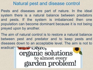 Natural pest and disease control
Pests and diseases are part of nature. In the ideal
system there is a natural balance between predators
and pests. If the system is imbalanced then one
population can become dominant because it is not being
preyed upon by another.
The aim of natural control is to restore a natural balance
between pest and predator and to keep pests and
diseases down to an acceptable level. The aim is not to
eradicate them altogether.
 