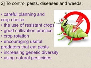 2] To control pests, diseases and weeds:
• careful planning and
crop choice
• the use of resistant crops
• good cultivation practice
• crop rotation
• encouraging useful
predators that eat pests
• increasing genetic diversity
• using natural pesticides
 