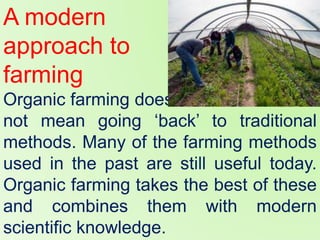 A modern
approach to
farming
Organic farming does
not mean going ‘back’ to traditional
methods. Many of the farming methods
used in the past are still useful today.
Organic farming takes the best of these
and combines them with modern
scientific knowledge.
 