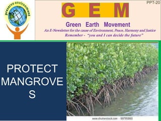 PPT-20
Green Earth Movement
An E-Newsletter for the cause of Environment, Peace, Harmony and Justice
Remember - “you and I can decide the future”
PROTECT
MANGROVE
S
 