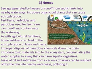 3] Homes
Sewage generated by houses or runoff from septic tanks into
nearby waterways, introduce organic pollutants that can cause
eutrophication.
Fertilizers, herbicides and
pesticides used for lawn care
can runoff and contaminate
the waterway.
As with agricultural fertilizers,
home fertilizers can lead to the
eutrophication of lakes and rivers.
Improper disposal of hazardous chemicals down the drain
introduce toxic materials into to the ecosystem, contaminating the
water supplies in a way that can harm aquatic organisms.
Leaks of oil and antifreeze from a car on a driveway can be washed
off by the rain into nearby waterways, polluting it.
 