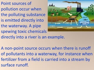 Point sources of
pollution occur when
the polluting substance
is emitted directly into
the waterway. A pipe
spewing toxic chemicals
directly into a river is an example.
A non-point source occurs when there is runoff
of pollutants into a waterway, for instance when
fertilizer from a field is carried into a stream by
surface runoff.
 