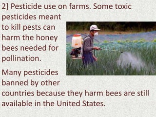 2] Pesticide use on farms. Some toxic
pesticides meant
to kill pests can
harm the honey
bees needed for
pollination.
Many pesticides
banned by other
countries because they harm bees are still
available in the United States.
 