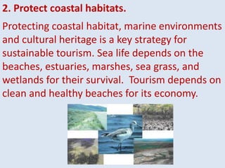 2. Protect coastal habitats.
Protecting coastal habitat, marine environments
and cultural heritage is a key strategy for
sustainable tourism. Sea life depends on the
beaches, estuaries, marshes, sea grass, and
wetlands for their survival. Tourism depends on
clean and healthy beaches for its economy.
 