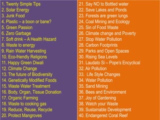 1. Twenty Simple Tips
2. Solar Energy
3. Junk Food
4. Plastic – a boon or bane?
5. Green Passion
6. Zero Garbage
7. Soft drink – A Health Hazard
8. Waste to energy
9. Rain Water Harvesting
10. Eco-friendly Religions
11. Happy Green Diwali
12. Climate Change
13. The future of Biodiversity
14. Genetically Modified Foods
15. Waste Water Treatment
16. Body, Organ, Tissue Donation
17. Organic Farming
18. Waste to cooking gas
19. Reduce, Reuse, Recycle
20. Protect Mangroves
21. Say NO to Bottled water
22. Save Lakes and Ponds
23. Forests are green lungs
24. Coal Mining and Ecology
25. Sin of Food Waste
26. Climate change and Poverty
27. Stop Water Pollution
28. Carbon Footprints
29. Parks and Open Spaces
30. Rising Sea Levels
31. Laudato Si – Pope’s Encyclical
32. Air Pollution
33. Life Style Changes
34. Water Pollution
35. Sand Mining
36. Bees and Environment
37. Joy of Gardening
38. Watch your Waste
39. Sustainable Development
40. Endangered Coral Reef
 