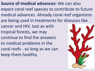 Source of medical advances: We can also
expect coral reef species to contribute to future
medical advances. Already coral reef organisms
are being used in treatments for diseases like
cancer and HIV. Just as with
tropical forests, we may
continue to find the answers
to medical problems in the
coral reefs - so long as we can
keep them healthy.
 