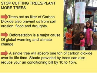 STOP CUTTING TREES/PLANT
MORE TREES
Trees act as filter of Carbon
Dioxide also prevent us from soil
erosion, flood and dro...