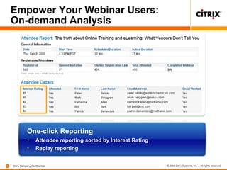 Empower Your Webinar Users: On-demand Analysis One-click Reporting Attendee reporting sorted by Interest Rating Replay reporting 