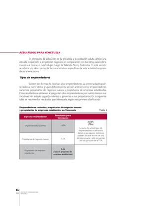 RESULTADOS PARA VENEZUELA

                En Venezuela la aplicación de la encuesta a la población adulta arrojó una
       elevada propensión a emprender negocios en comparación con los otros países de la
       muestra, al ocupar el cuarto lugar, luego de Tailandia, Perú y Colombia. En esta sección
       se ofrece una descripción de las características específicas de esta actividad empren-
       dedora venezolana.

       Tipos de emprendedores

                  Existen dos formas de clasificar a los emprendedores. La primera clasificación
       se realiza a partir de los grupos definidos en la sección anterior como emprendedores
       nacientes, propietarios de negocios nuevos y propietarios de empresas establecidas.
       Estos resultados se obtienen al preguntar a los emprendedores por cuánto tiempo sus
       iniciativas han estado pagando salarios o ganancias a sus propietarios. En la siguiente
       tabla se resumen los resultados para Venezuela, según esta primera clasificación.

       Emprendedores recientes, propietarios de negocios nuevos
       y propietarios de empresas establecidas en Venezuela                                    Tabla 4

                                            Resultado para
            Tipo de emprendedor
                                              Venezuela
                                                                                20,16%
                                                                                 (TEA)
             Emprendedores nacientes               14,5%
                                                                       La suma de ambos tipos de
                                                                      emprendedores no es exacta
                                                                     debido a que algunos individuos
                                                                     pueden ubicarse en más de uno
                                                   7,1%             de estos grupos, y sólo se cuentan
         Propietarios de negocios nuevos
                                                                       una vez para calcular el TEA.



                                                    5,4%
             Propietarios de empresas
                                           (Tasa de propiedad de
             establecidas
                                           empresas establecidas)




26
        CENTRO DE EMPRENDEDORES
IESA    VENEZUELA
 
