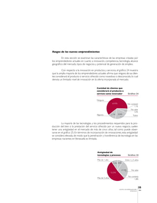 Rasgos de los nuevos emprendimientos

         En esta sección se examinan las características de las empresas creadas por
los emprendedores actuales en cuanto a innovación, competencia, tecnología, alcance
geográfico del mercado, tipos de negocios y potencial de generación de empleo.

          Con respecto a la innovación en productos y servicios, el gráfico 24 muestra
que la amplia mayoría de los emprendedores actuales afirma que ninguno de sus clien-
tes considerará el producto o servicio ofrecido como novedoso o desconocido, lo cual
denota un limitado nivel de innovación en la oferta incorporada al mercado.


                                            Cantidad de clientes que
                                            considerará el producto o
                                            servicio como innovador                 Gráfico 24


                                            Ninguno
                                                              60,90%                No contestó
                                                                                            1,1%
                                                                                       No sabe
                                                                                            5,5%
                                            Algunos          11,7%     20,8%
                                                                                          Todos


         La mayoría de las tecnologías y los procedimientos requeridos para la pro-
ducción del bien o la prestación del servicio ofrecido por un nuevo negocio, suelen
tener una antigüedad en el mercado de más de cinco años, tal como puede obser-
varse en el gráfico 25. En términos de incorporación de innovaciones, esta antigüedad
se considera elevada, de modo que la penetración y transferencia de tecnología en las
empresas nacientes en Venezuela es limitada.




                                             Antigüedad de
                                             tecnologías y procesos                 Gráfico 25

                                             Más de 1 año                       Entre 1 y 5 años
                                                                9,5% 8,8%


                                                                           27,70%       No sabe
                                                             52,20%

                                                                                    No contesta
                                             Más de 5 años
                                                                                          1,8%



                                                                                                   35
                                                                        CENTRO DE EMPRENDEDORES
                                                                                                   IESA
                                                                                       VENEZUELA
 