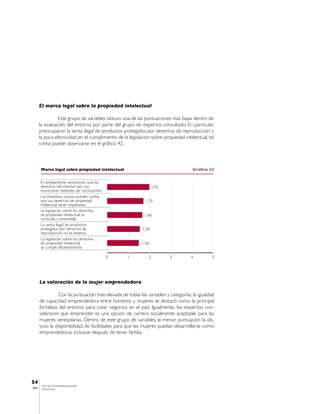 El marco legal sobre la propiedad intelectual

                 Este grupo de variables obtuvo una de las puntuaciones más bajas dentro de
       la evaluación del entorno por parte del grupo de expertos consultado. En particular
       preocuparon la venta ilegal de productos protegidos por derechos de reproducción y
       la poca efectividad en el cumplimiento de la legislación sobre propiedad intelectual, tal
       como puede observarse en el gráfico 42.



        Marco legal sobre propiedad intelectual                                      Gráfico 42


       Es ampliamente reconocido que los
       derechos del inventor por sus                              1,95
       invenciones deberían ser reconocidos
       Las empresas nuevas pueden confiar
       que sus derechos de propiedad                         1,75
       intelectual serán respetados
       La legislación sobre los derechos
       de propiedad intelectual es                          1,66
       conocida y entendible
       La venta ilegal de productos
       protegidos por derechos de                          1,58
       reproducción no es extensa
       La legislación sobre los derechos
       de propiedad intelectual                            1,56
       se cumple eficientemente

                                              0     1         2          3          4          5




       La valoración de la mujer emprendedora

                 Con la puntuación más elevada de todas las variables y categorías, la igualdad
       de capacidad emprendedora entre hombres y mujeres se destacó como la principal
       fortaleza del entorno para crear negocios en el país. Igualmente, los expertos con-
       sideraron que emprender es una opción de carrera socialmente aceptable para las
       mujeres venezolanas. Dentro de este grupo de variables, la menor puntuación la ob-
       tuvo la disponibilidad de facilidades para que las mujeres puedan desarrollarse como
       emprendedoras inclusive después de tener familia.




54
        CENTRO DE EMPRENDEDORES
IESA    VENEZUELA
 