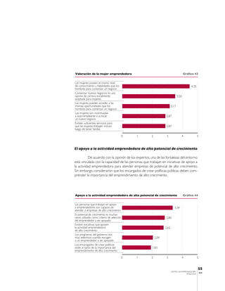Valoración de la mujer emprendedora                                                  Gráfico 43


Las mujeres poseen el mismo nivel
de conocimiento y habilidades que los                                                     4,35
hombres para comenzar un negocio
Comenzar nuevos negocios es una
opción de carrera socialmente                                                 3,50
aceptada para mujeres
Las mujeres pueden acceder a las
mismas oportunidades que los                                           3,17
hombres para comenzar un negocio
Las mujeres son incentivadas
a auto-emplearse o a iniciar                                     2,87
un nuevo negocio
Existen suficientes servicios para
que las mujeres trabajen incluso                                 2,87
luego de tener familia

                                         0   1       2           3               4                5



El apoyo a la actividad emprendedora de alto potencial de crecimiento

          De acuerdo con la opinión de los expertos, una de las fortalezas del entorno
está vinculada con la capacidad de las personas que trabajan en iniciativas de apoyo a
la actividad emprendedora para atender empresas de potencial de alto crecimiento.
Sin embargo consideraron que los encargados de crear políticas públicas deben com-
prender la importancia del emprendimiento de alto crecimiento.




Apoyo a la actividad emprendedora de alto potencial de crecimiento                   Gráfico 44


Las personas que trabajan en apoyo
a emprendedores son capaces de                                            3,39
atender a empresas de alto crecimiento
El potencial de crecimiento es muchas
veces utilizado como criterio de selección                      2,80
del emprendedor a ser apoyado
Existen iniciativas que apoyen
la actividad emprendedora                                       2,62
de alto crecimiento
Los programas del gobierno son
muy selectivos cuando escogen                            2,04
a un emprendedor a ser apoyado
Los encaragados de crear políticas
están al tanto de la importancia del                  1,83
emprendimiento de alto crecimiento

                                         0   1       2           3               4                5


                                                                                                  55
                                                                       CENTRO DE EMPRENDEDORES
                                                                                                      IESA
                                                                                      VENEZUELA
 