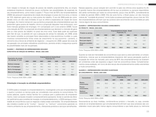 empreendedorismo no brasil 2009

Com relação à intenção de criação de postos de trabalho propriamente dita, os empre-            nesses aspectos, pouca variação tem ocorrido no país nos últimos anos (quadros 8 e 9).
endedores brasileiros mostram-se pouco confiantes nas possibilidades de expansão do             a grande maioria dos empreendedores afirma que os produtos ou serviços disponibiliza-
seu empreendimento, como indica o quadro 7. pouco mais de 50% dos empreendedores                dos serão conhecidos por todos os consumidores, pouco mais de 80%, considerando-se
(2009) não possuem expectativa de criação de empregos no prazo de cinco anos, e menos           a média do período 2004 a 2009. dito de outra forma, o brasil possui um dos menores
de 15% objetivam gerar seis ou mais postos de trabalho. o ano de 2009 pode ser consi-           índices de “novidade de produto” entre todos os países participantes: pouco mais de 15%
derado como um dos mais limitados no que se refere à expectativa de criação de novos            dos empreendedores afirmam que seu produto será reconhecido como novidade por pelo
empregos. ao mesmo tempo em que aumenta a proporção dos empreendedores que não                  menos alguns de seus consumidores.
pretendem gerar postos de trabalho, diminui a proporção daqueles mais ambiciosos, com
                                                                                                QUADRO 8 – EMPREENDEDORES SEGUNDO CONHECIMENTO
forte intenção geradora de empregos. em comparação com o ano anterior (2008), houve
                                                                                                DO PRODUTO - BRASIL (2004-2009)
uma redução de 30% na proporção de empreendedores que declaram a intenção de gerar
                                                                                                                                           Empreendedores Iniciais - Brasil
seis ou mais postos de trabalho no prazo de cinco anos. esse dado pode ser explicado                                                              Proporção (%)
                                                                                                 Produto ou serviço
pelo fato de que, no período em que a pesquisa de campo foi realizada, em 2008, ainda
                                                                                                                        2009       2008     2007       2006        2005       2004     2004:2009
não haviam eclodido os principais fatos relacionados à crise econômica mundial, e o país
                                                                                                 Novo para todos         5,4        3,4      3,3        13,7        4,5        1,9        5,4
mostrava constantemente fortes sinais de crescimento na sua economia – portanto, o
otimismo era a tônica do ambiente de negócios –, enquanto em 2009, apesar de sinais de           Novo para alguns       11,1       13,1     17,1        9,7        10,9       13,6       12,6

recuperação nos principais indicadores econômicos, persistia ainda a insegurança quanto          Ninguém considera
                                                                                                                        83,5       83,5     79,7        76,5       84,5       84,5       82,1
                                                                                                 novo
às possibilidades reais de recuperação.
                                                                                                                Total   100,0      100,0   100,0       100,0      100,0       100,0      100,0
QUADRO 7 – PROPORÇÃO DE EMPREENDEDORES SEGUNDO
                                                                                                Fonte: pesquisa Gem 2004 a 2009.
EXPECTATIVA DE CRIAÇÃO DE EMPREGO - BRASIL (2002-2009)

                                                                                                Quando se trata da intensidade da concorrência a que será ou está submetido um empre-
                                           Empreendedores Iniciais-Brasil                       endimento, nota-se que os empreendedores brasileiros têm pouca percepção quanto à
 Expectativa de criação                           Proporção (%)
  de emprego ( 5º ano)                                                                          ocupação de nichos de mercado, pois cerca de 95% dos empreendimentos se localizam
                          2009     2008    2007       2006       2005       2004    2004:2009   em ambientes onde são expostos a algum nível de concorrência direta. Complementar-
 Nenhum emprego           50,6     45,5    46,6       40,9       31,3       40,9      42,6      mente a essa avaliação, em torno de dois terços dos empreendimentos estão submetidos
 De 1 a 5 empregos        34,2     32,8    38,2       40,9       47,2       40,4      39,0      a muita concorrência.
 De 6 a 19 empregos       11,4     13,8    12,6       10,9       17,6       13,9      13,4
                                                                                                QUADRO 9 – EMPREENDEDORES SEGUNDO QUANTIDADE
 Mais de 20 empregos       3,8      7,9     2,6        7,3        4,0        4,8       5,1      DE CONCORRENTES - BRASIL (2004-2009)
                  Total   100,0    100,0   100,0     100,0      100,0       100,0     100,0
                                                                                                                                           Empreendedores Iniciais-Brasil
Fonte: pesquisa Gem 2004 a 2009.                                                                    Concorrência                                  Proporção (%)
                                                                                                                        2009        2008     2007       2006        2005       2004    2004:2009

Orientação à inovação na atividade empreendedora                                                 Muitos
                                                                                                                         67,6       65,0     56,1        61,5       68,6       65,3       64,0
                                                                                                 concorrentes
                                                                                                 Poucos
                                                                                                                         26,4       27,8     37,0        33,2       28,6       28,7       30,3
                                                                                                 concorrentes
o Gem avalia a inovação no empreendedorismo, investigando junto aos empreendedores
                                                                                                 Nenhum
o quanto o produto ou serviço pode ser considerado novo perante os consumidores. em              concorrente
                                                                                                                         6,0         7,2      6,9        5,3         2,7        6,0       5,7
outras palavras, quanto menos familiar for o produto para o público-alvo do empreendi-
                                                                                                                Total   100,0      100,0    100,0       100,0      100,0       100,0     100,0
mento, maior conteúdo inovador o empreendimento apresenta. ainda no sentido de ofere-
                                                                                                Fonte: pesquisa Gem 2004 a 2009.
cer parâmetros para a análise da inovação no empreendedorismo, o Gem averigua a inten-
sidade da concorrência a que os negócios criados estão submetidos. os empreendedores            associando-se as duas medidas, combinando-se produto x mercado, ou seja, conside-
são instados a avaliar se há “muitos”, “poucos” ou “nenhum” concorrente operando no             rando-se os empreendedores que simultaneamente afirmam que seus produtos são con-
mesmo ambiente do seu empreendimento, oferecendo produtos e serviços semelhantes.               siderados novos para pelo menos alguns consumidores e que terão pouca ou nenhuma


                                                                                                                                                                                                 11
 