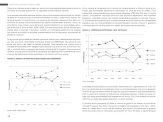empreendedorismo no brasil 2009

o ponto de interesse então é saber por que ocorreu esse aparente descolamento entre os ao se retomar a comparação com a economia norte-americana, a diferença entre a mo-
caminhos da atividade econômica e a capacidade empreendedora nacional.                   tivação para empreender apresenta-se significativa nos anos de crise. em 2009, a Tea
                                                                                         brasileira de empreendedores por oportunidade ultrapassa a Tea dos eUa para o mesmo
Uma possível explicação seria que, embora a economia brasileira tenha entrado em estado quesito. Uma possível explicação para isso está na menor dependência das empresas
de alerta em função da crise na economia financeira mundial, o crescimento recente, for- brasileiras, no período recente, das receitas extraordinárias geradas no mercado financei-
temente pautado no investimento e no consumo de máquinas e equipamentos, gerou um ro. outra explicação possível está na disponibilidade de títulos públicos com rentabilidade
ambiente de cautela, mas ainda favorável ao espírito empreendedor brasileiro. isso é, de elevada e cada vez mais acreditados no mercado financeiro nacional. a figura 14 apresenta
certa forma, o que indica a curva da taxa de empreendedorismo por oportunidade, princi- a comparação entre os dois países em relação à motivação para empreender.
palmente para os anos de 2007, 2008 e 2009. Complementarmente, a crise também teve
efeitos sobre o emprego, o que gerou também um contingente significativo de pessoas FIGURA 14 – COMPARAÇÃO ENTRE BRASIL E EUA: MOTIVAÇÃO
que tiveram que buscar na atividade empreendedora uma solução para a manutenção do
padrão de consumo.                                                                           12


se a curva de oportunidade se manteve crescente mesmo com a desaceleração da produ-
ção real, a curva de necessidade inverte sua direção em 2009 (figura 13), quando a crise                           10
atinge seu ponto mais grave no período analisado. Cabe destacar que, mesmo com a
atividade empreendedora em estágio inicial crescendo nos anos da crise econômica mun-
dial, o resultado sobre o agregado da riqueza nacional ainda foi negativo. isso certamente                         8
                                                                                                                                                                                   EUA OP
reflete o peso da economia formal e consolidada que depende mais fortemente de fluxos




                                                                                                 TEA (Motivação)
externos de capital para ampliar a produção e até mesmo continuar a atuar.
                                                                                                                   6                                                               EUA NE

FIGURA 13 – PRODUTO INTERNO BRUTO E MOTIVAÇÃO PARA EMPREENDER                                                                                                                      BRA OP
                                                                                                                   4
                                                                                                                                                                                   BRA NE
                   10

                                                                                                                   2



                                                                                                                   0
                    5                                                                                                   2002   2003   2004   2005   2006   2007   2008   2009
 Porcentagem (%)




                                                                                PIB per capita   Fonte: Gem 2009

                                                                                Oportunidade

                                                                                Necessidade
                                                                                                 a atividade empreendedora nos eUa sofreu fortemente com o agravamento da crise, não
                                                                                                 por uma substituição da motivação para iniciar um empreendimento, mas com o desapare-
                    0
                                                                                                 cimento de oportunidades visíveis de negócios que estimulassem a ação empreendedora.
                                                                                                 Com o crescimento recente e a melhoria nas instituições nacionais, o brasil tornou-se um
                                                                                                 lugar com mais oportunidades para empreender do que os eUa. essa tendência possivel-
                                                                                                 mente foi resultado das opções diferentes nos anos recentes.
                   -5
                                                                                                 o primeiro ponto divergente se refere à postura do governo em relação ao controle do
                        2002   2003   2004   2005   2006   2007   2008   2009
                                                                                                 mercado financeiro. nos eUa, a busca por entidades autorreguladas e com baixa interfe-
                                                                                                 rência do estado levou a uma crise de confiança que resultou na intervenção do governo
Fonte: ibGe e Gem 2009.                                                                          americano para auxiliar as instituições que estavam em risco. no brasil, a regulamentação


14
 