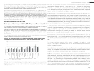 empreendedorismo no brasil 2009

do sistema financeiro nacional permitiu que episódios com fraudes contábeis de enormes proporções em geral, os especialistas em países economicamente mais desenvolvidos atribuem
(caso enron) não ocorressem. nesse contexto, a forte dependência do mercado financeiro para alavan- classificações mais altas às eFCs. o único item em que a avaliação dos especialistas
car a produção e o consumo nos eUa certamente foi um fator para a redução das oportunidades para
empreender durante o período de recessão, o que não se observou no brasil.                                  brasileiros é superior àquela realizada pelos especialistas de países innovation-driven é
                                                                                                            o que se refere à dinâmica do mercado interno, fator este em que a média do brasil é
outro ponto importante está na diferença de postura na política internacional, pois a política externa ame- superior também à média dos demais grupos de países.
ricana, pautada na manutenção da “guerra contra o terror”, gerou um crescente déficit nas contas do
governo americano que limitou a capacidade de implementação de políticas anticíclicas para evitar um
                                                                                                            evidentemente, os especialistas nas economias factor-driven podem ter diferentes pon-
aumento do desemprego e a redução no consumo das famílias. no caso do brasil, que por muitos anos
manteve-se com uma política de austeridade fiscal para redução do endividamento externo e controle tos de referência em comparação com seus colegas em países innovation-driven. isso
da proporção dívida/pib em patamares inferiores a 50% do pib, o governo pôde implementar políticas pode explicar por que as diferenças observadas entre os três grupos de países não são
como a isenção fiscal e tributária em segmentos mais duramente atingidos pelo encolhimento do mer- muito elevadas. Fatores que mostram as diferenças mais pronunciadas entre as fases de
cado internacional e pela ausência de crédito.
                                                                                                            desenvolvimento econômico incluem políticas governamentais, programas de governo,
AVALIAÇÃO DOS ESPECIALISTAS NACIONAIS                                                                       transferência e desenvolvimento de tecnologia, infraestrutura comercial e profissional,
                                                                                                            abertura de mercado interno e infraestrutura física.
As Condições que Afetam o Empreendedorismo - EFCs (Entrepreneurial Framework Conditions)

as eFCs refletem as principais características do ambiente socioeconômico de um país, em relação às a avaliação do fator apoio financeiro foi particularmente baixa em 2009. isso pode ser
quais se espera que tenham um impacto significativo na atividade empreendedora.                             reflexo da crise financeira global. Comparando-se as avaliações obtidas nos três diferen-
                                                                                                            tes grupos de países e a percepção dos especialistas brasileiros, é possível perceber um
para cada uma destas eFCs , pelo menos 36 especialistas em cada país realizaram suas avaliações, de
                              1

forma objetiva, utilizando a escala likert de cinco pontos para verificar se as condições atuais existentes posicionamento mais crítico dos brasileiros em relação aos seguintes fatores: políticas
configuram-se como fatores favoráveis ou limitantes ao empreendedorismo e à inovação em seus res- governamentais, educação básica e educação superior.
pectivos países.
Uma visão geral dos resultados de cada condição nos diferentes grupos de países, divididos por seu Comparando-se os escores em cada item, não é possível perceber diferenças entre os
estágio de desenvolvimento econômico, é fornecida na Figura 15.                                    países; desse modo, a fim de possibilitar análises comparativas entre eles, há no quadro
                                                                                                   11 a identificação dos três principais itens com escores mais altos e mais baixos em cada
FIGURA 15 – AVALIAÇÃO DAS EFCS (ENTREPRENEURIAL FRAMEWORK CONDI-
TIONS) PELOS ESPECIALISTAS NACIONAIS, POR GRUPOS DE PAÍSES – 2009                                  país.
                         5,0
                                                                                                                                                                                                                                           em praticamente todos os países, o item relativo a educação e formação no ensino
                         4,0
                                                                                                                                                                                                                                           primário e secundário é classificado como um dos três piores eFCs (as exceções são
                                                                                                                                                                                                                                           letônia, rússia e dinamarca).
                         3,0
                                                                                                                                                                                                                                           Quase dois terços dos países factor-driven classificam o item educação superior como
 (1= Mínimo, 5=Máximo)




                                                                                                                                                                                                                                           positivo, em comparação com cerca de um sexto nos países innovation-driven. no brasil,
      Escala likert




                         2,0

                                                                                                                                                                                                                                           esse item não está entre os três principais, sejam eles positivos ou negativos.
                         1,0
                                                                                                                                                  Infraestrutura
                                                                                                                                                    com. e prof.


                                                                                                                                                                   Mercado interno
                                                                                                                                                                         -dinâmica




                                                                                                                                                                                                       Infraestrutura
                                                                                                                                                                                                                física
                                                                                                        Educação-
                                                                                                    ensino fund. e
                                                                                                            médio




                                                                                                                                                                                     Mercado interno
                                                                                                                                                                                           -abertura
                                   Apoio
                               financeiro




                                                                       Políticas
                                                               governamentais
                                                                    -regulação

                                                                                        Programas
                                                                                   governamentais




                                                                                                                     Educação-
                                                                                                                       superior


                                                                                                                                  P&D/transfer.
                                                                                                                                    tecnologia
                                                   Políticas
                                            governamentais
                                                     -geral




                                                                                                                                                                                                                         Normas sociais
                                                                                                                                                                                                                             e culturais




                                                                                                 no brasil, os especialistas, além da educação básica, reputam que os fatores mais limi-
                                                                                                 tantes referem-se às políticas governamentais de apoio ao empreendedorismo, tanto
                                                                                                 àquelas de cunho geral quanto às que versam sobre a regulação da atividade das empre-
              Países factor-driven Países efficiency-driven Países innovation-driven Brasil      sas novas e em crescimento. as condições melhor avaliadas foram a dinâmica econô-
Fonte: bosma; levie (2010) e Gem brasil 2009.                                                    mica do mercado interno no brasil, a infraestrutura física disponível no país (em pratica-
1
  são elas: apoio financeiro, políticas governamentais, programas governamentais, educação e ca- mente todos os países essa condição foi uma das melhor avaliadas), sobretudo no que se
pacitação, pesquisa e desenvolvimento (transferência de tecnologia), infraestrutura comercial refere a telecomunicações e internet, e, por fim, o fator normas sociais e culturais, visto
e profissional, acesso ao mercado e barreiras à entrada, acesso à infraestrutura física, normas
culturais e sociais.                                                                             pelos especialistas como favorável ao desenvolvimento de atividades empreendedoras.

                                                                                                                                                                                                                                                                                                                             15
 