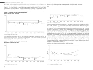empreendedorismo no brasil 2009

a atividade empreendedora no brasil tem como traço característico uma considerável es-                                  FIGURA 4 – EVOLUÇÃO DA TAXA DE EMPREENDEDORES NOVOS NO BRASIL (2001:2009)
tabilidade. de 2001 a 2008, a Tea manteve-se em torno de 13%, com pequenas variações                                    25%
(figura 2). em 2009, contudo, é verificada a maior taxa do período (15,3%), que difere signi-
ficativamente em relação a 2005, 2006 e 2008. ressalte-se, porém, a necessidade do con-
tínuo acompanhamento da taxa nos próximos anos a fim de verificar seu comportamento.

FIGURA 2 – EVOLUÇÃO DA TAXA DE EMPREENDEDORES
INICIAIS (TEA) NO BRASIL (2001:2009)

25%                                                                                                                                                                       8,88%                            8,72%      9,29%      9,75%
                                                                                                                                                                                                8,62%
                                                                                                                                                     8,46%                           8,20%                                               8,20%
                                                                                                                                                               6,90%
                                                                                                                                           4,98%



                                                                                                                          0%
                                                                                                      15,32%                            2001     2002     2003         2004    2005          2006       2007       2008   2009       2001:2009
           14,21%
                      13,52%     12,89%     13,48%                                                             13,01%   FonTe: pesquisa Gem 2001 a 2009.
                                                                                12,72%
                                                                     11,65%                12,02%
                                                          11,30%                  a explicação para o aumento considerável da taxa de empreendedores de negócios nascen-
                                                                                  tes é tarefa complexa, que depende da continuidade de levantamento de dados nos próxi-
                                                                                  mos ciclos da pesquisa Gem. entretanto, algumas inferências podem ser pertinentes. deve
                                                                                  ser levado em conta o aspecto explorado no tópico anterior deste capítulo, no qual se coloca
                                                                                  em relevo a valorização e o elevado status de que a carreira empreendedora goza perante a
                                                                                  sociedade brasileira, criando um pressuposto cultural favorável à adesão a esse tipo de ativi-
  0%                                                                              dade por parte de uma parcela da população. soma-se a isso o fato de que 2009, sobretudo
        2001     2002    2003    2004 2005    2006    2007 2008  2009 2001:2009
                                                                                  nos dois primeiros trimestres, foi um ano em que a ameaça ao emprego se deu de forma
FonTe: pesquisa Gem 2001 a 2009.                                                  retumbante, com inúmeras notícias de demissões severas, com setores industriais cortando
                                                                                  postos de trabalho, o que de alguma forma pode ter impelido um contingente considerável de
nota-se que o crescimento da Tea deu-se devido ao aumento considerável na taxa de
                                                                                  pessoas a abraçar o empreendedorismo como forma de proteção a uma situação anunciada.
empreendedores nascentes na comparação 2008-2009, já que praticamente se manteve
inalterada a taxa de empreendedores novos (figuras 3 e 4).                        Quanto à motivação para empreender, tanto o empreendedorismo por oportunidade quanto
                                                                                  o empreendedorismo por necessidade registraram aumento em suas taxas em 2009, acom-
FIGURA 3 – EVOLUÇÃO DA TAXA DE EMPREENDEDORES
                                                                                  panhando o aumento da Tea (figura 5).
NASCENTES NO BRASIL (2001:2009)
                                                                                                                        FIGURA 5 – MOTIVAÇÃO PARA EMPREENDER - BRASIL (2001:2009)

25%                                                                                                                                15




                                                                                                                                   10
                                                                                                                        Taxa (%)




              9,23%                                                                                                                5


                                    6,51%                                                           5,78%
                         5,68%                                                                                 5,12%
                                               4,98%
                                                                                4,29%
                                                          3,15%      3,50%
                                                                                           2,93%
                                                                                                                                   0
 0%                                                                                                                                       2001     2002      2003       2004       2005       2006       2007      2008       2009
       2001       2002       2003       2004       2005       2006       2007       2008       2009     2001:2009
                                                                                                                                                                                                                              Ano
                                                                                                                                                                    Oportunidade          Necessidade

FonTe: pesquisa Gem 2001 a 2009.                                                                                        Fonte: pesquisa Gem 2001 a 2009.

8
 