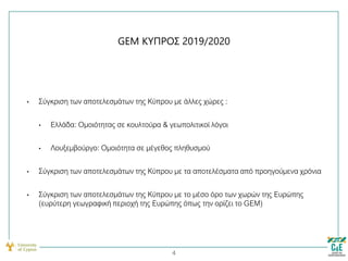 GEM ΚΥΠΡΟΣ 2019/2020
• Σύγκριση των αποτελεσμάτων της Κύπρου με άλλες χώρες :
• Ελλάδα: Ομοιότητας σε κουλτούρα & γεωπολιτ...