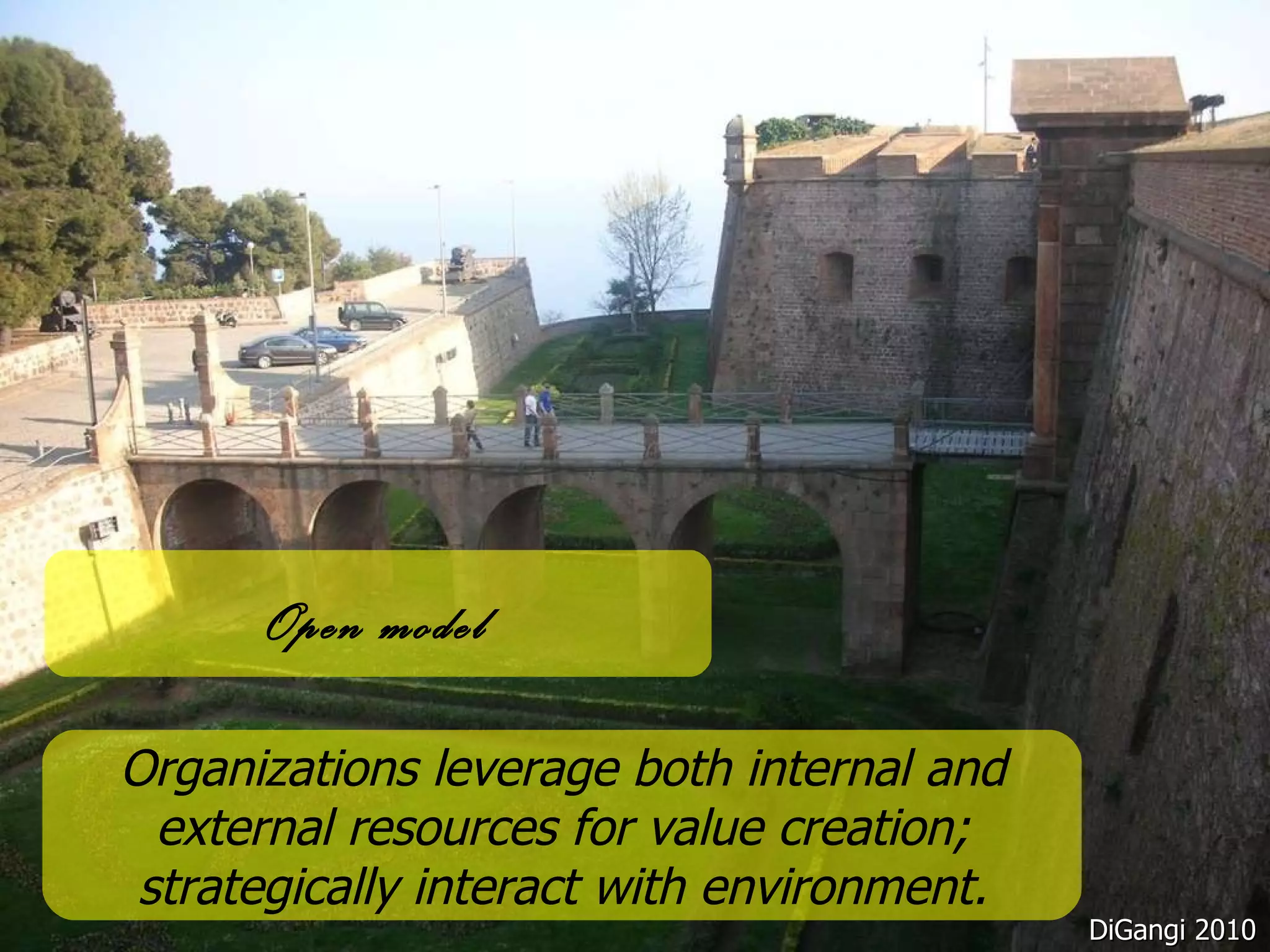 Open model Organizations leverage both internal and external resources for value creation; strategically interact with environment. DiGangi 2010 