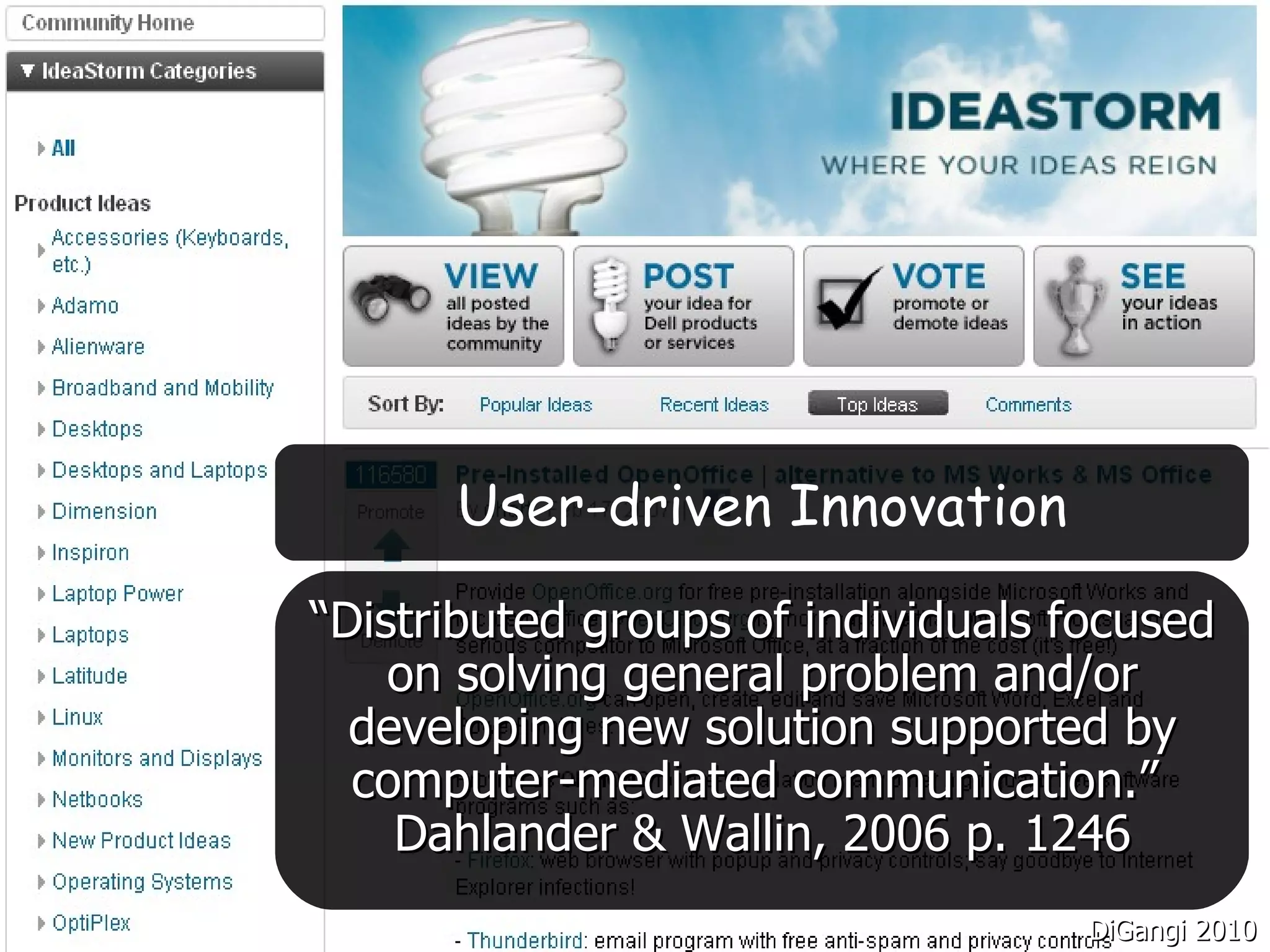 “ Distributed groups of individuals focused on solving general problem and/or developing new solution supported by computer-mediated communication.”  Dahlander & Wallin, 2006 p. 1246 User-driven Innovation DiGangi 2010 