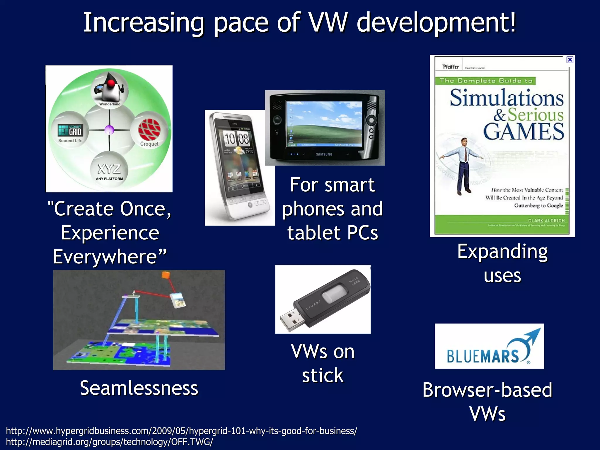 Increasing pace of VW development! VWs on stick Browser-based VWs Seamlessness http://www.hypergridbusiness.com/2009/05/hypergrid-101-why-its-good-for-business/ http://mediagrid.org/groups/technology/OFF.TWG/ "Create Once, Experience Everywhere ” Expanding uses For smart phones and tablet PCs 